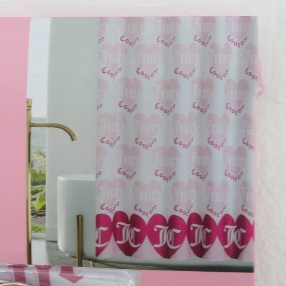 (#116) Juicy Couture White and Pink Shower Curtain with Hooks - Picture 3 of 5